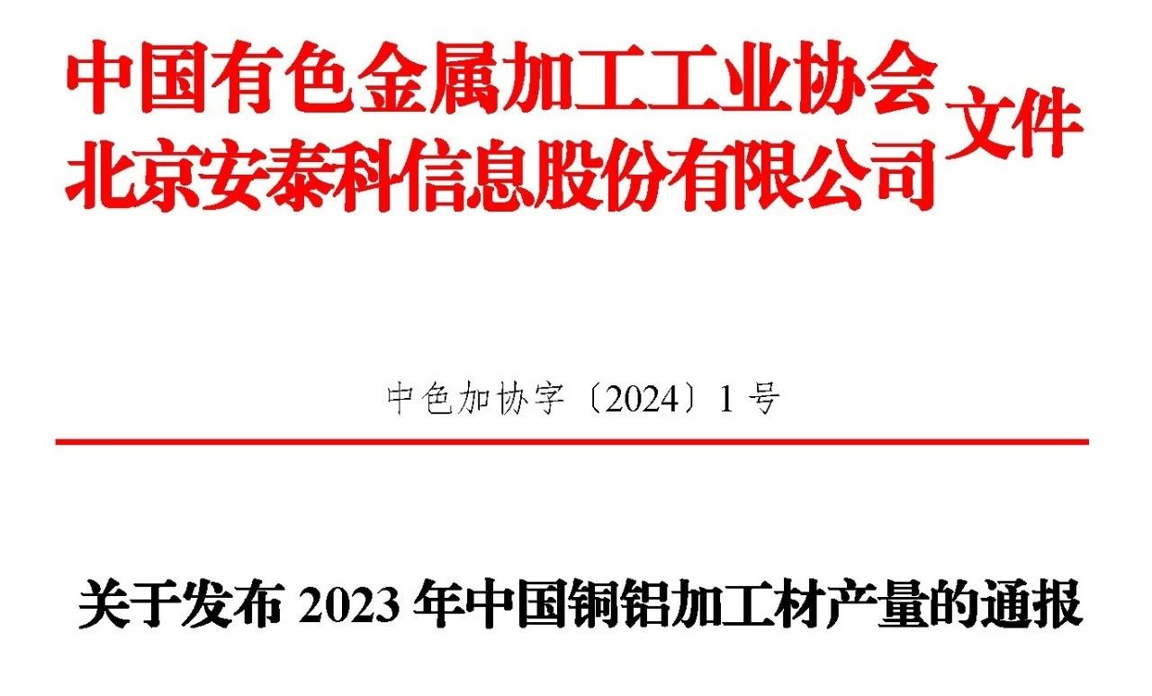 2023年銅鋁加工材產(chǎn)量的通報文件?。?！